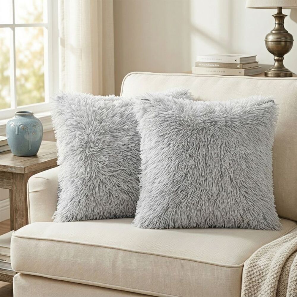2pcs Throw Pillow Covers Fluffy Decorative Pillow Cases 18 x 18 Inch Light Grey